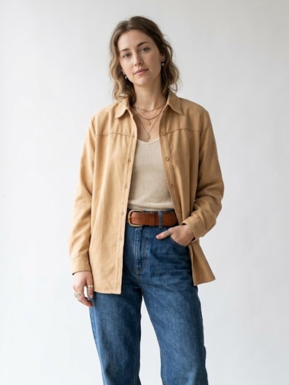Vintage Studio Works Faux Suede Shacket Tan Western Overshirt Jacket M - Picture 2 of 6